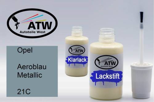 Opel, Aeroblau Metallic, 21C: 20ml Lackstift + 20ml Klarlack - Set, von ATW Autoteile West.